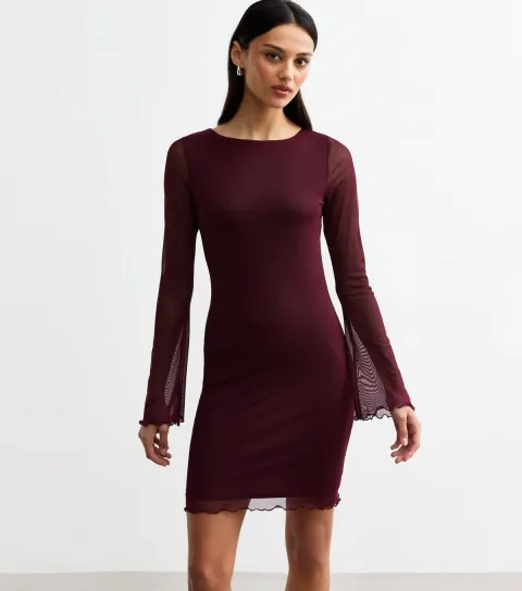 Women's Burgundy Bell Sleeve Mesh Mini Dress