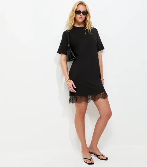 Women's Tall Black Cotton Lace Trim T Shirt Dress