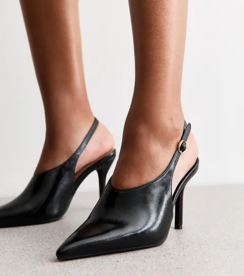Women's Black High Vamp Faux Leather Slingback Heels