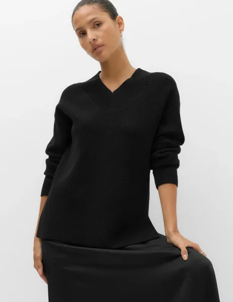 Marks & Spencer Ribbed V-Neck Longline Jumper Black
