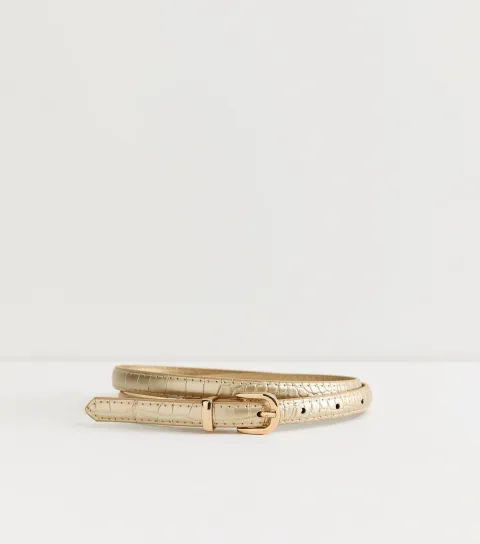 Gold Faux Leather Croc Embossed Skinny Belt