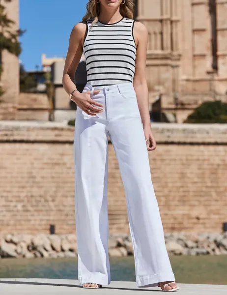 SOSANDAR Pintuck Detail Wide Leg Jeans White