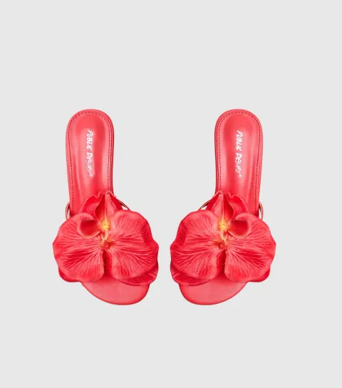 Women's Bright Red Nikah Faux Leather 3D Floral Mule Sandals