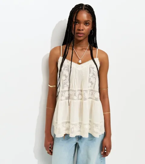 Women's Cream Lace Panel Longline Cami Top