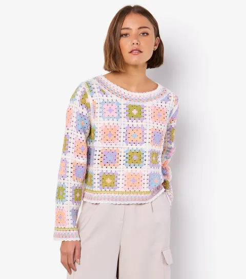 Women's Pink Square Pattern Crochet Jumper