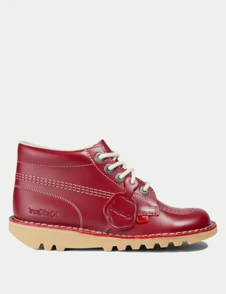 Kickers Leather Chunky Lace Up Ankle Boots Red