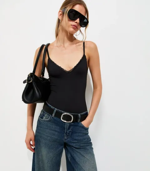 Women's Black Jersey Lace Trim V-Neck Bodysuit