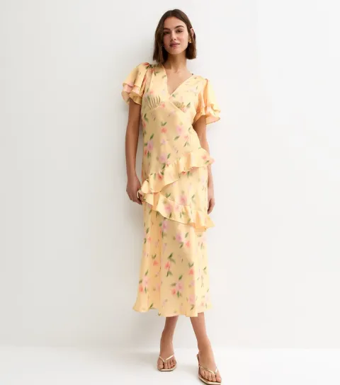 Women's Light Yellow Blurred Floral Tiered Ruff Midi Dress
