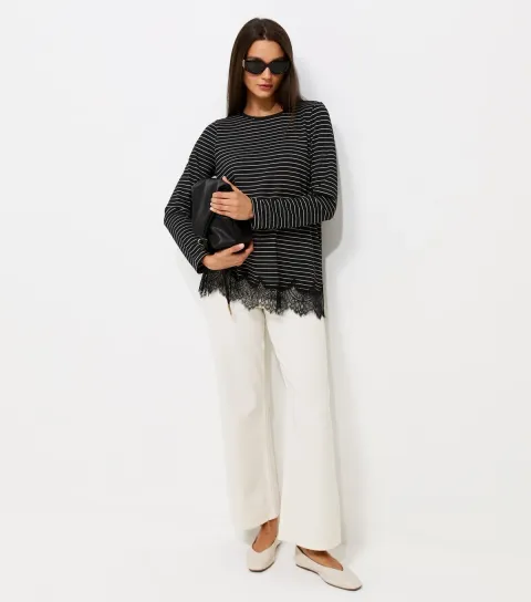 Women's Black Striped Scalloped Lace Hem Top