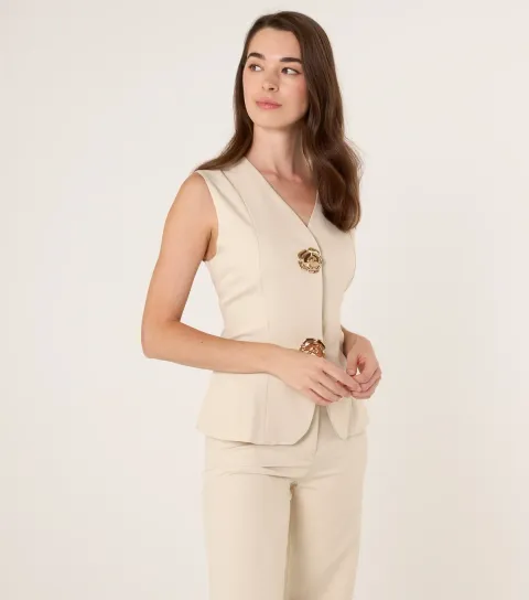 Women's Oatmeal Rose Button Waistcoat