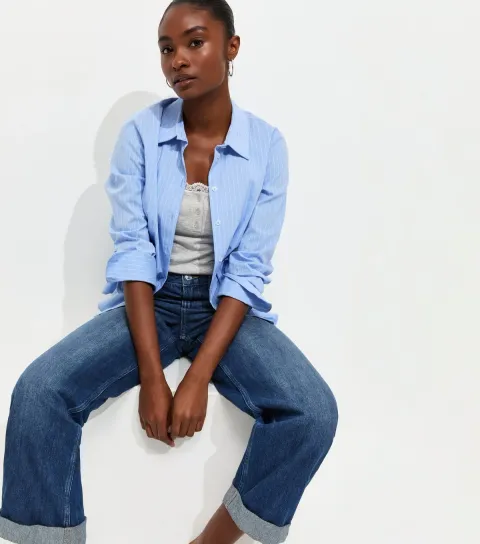 Women's Blue Turn Up Cuff Wide Leg Jeans