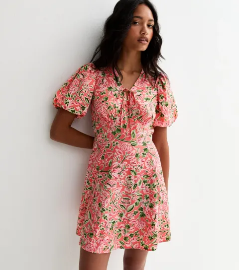 Women's Pink Floral Puff Sleeves Mini Dress