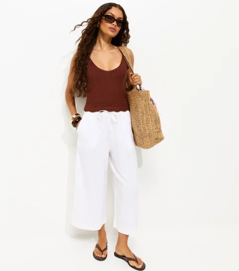 Women's Petite White Linen Blend Cropped Trousers