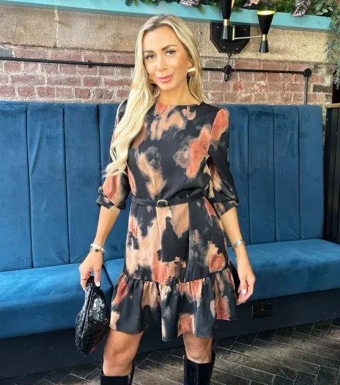 Women's Black Printed Frill Hem Mini Dress