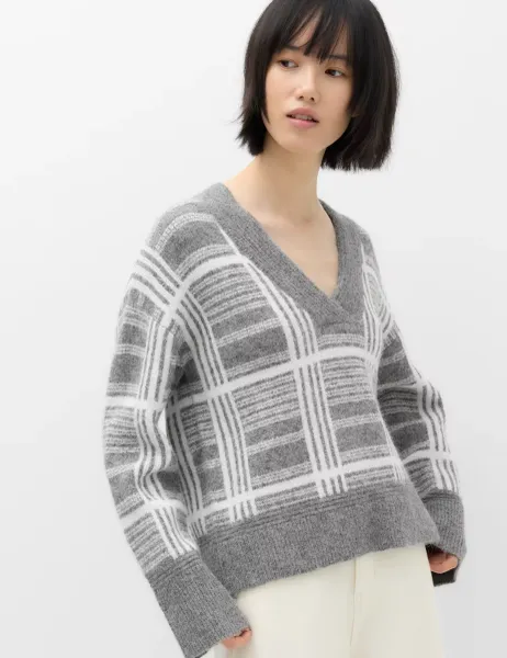 Marks & Spencer Checked V Neck Relaxed Jumper With Wool Grey Mix
