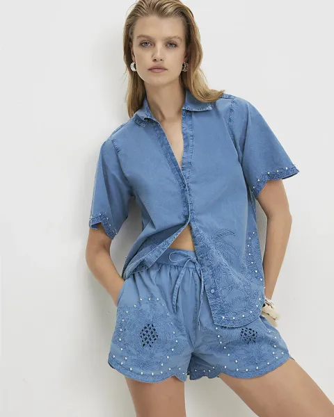 River Island Cotton Chambray Broderie Studded Shorts