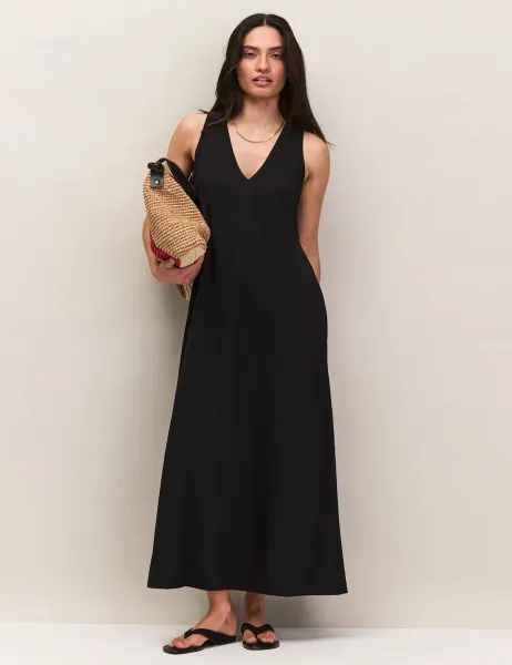 RO&ZO Pure Cotton Jersey V-Neck Midi Column Dress Black