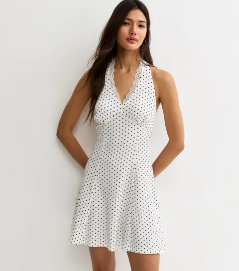 Women's Cream Spot Print Lace Trim Halter Neck Mini Dress