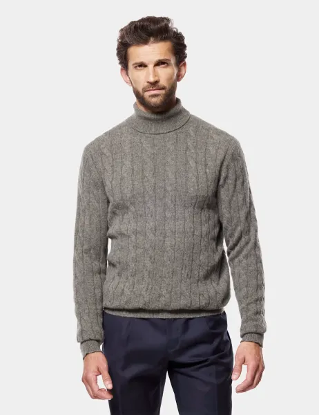Hawes & Curtis Pure Lambswool Cable Roll Neck Jumper Green