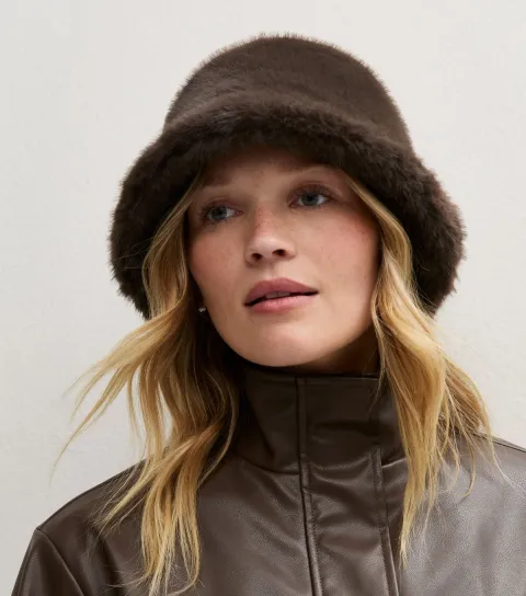 New Look Brown Faux Fur Bucket Hat