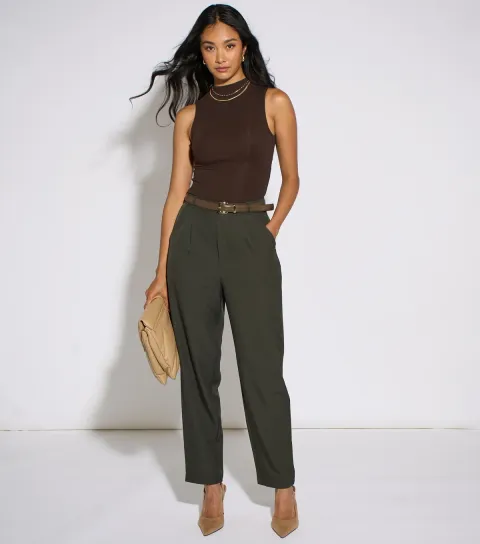 Women's Dark Green Tapered Leg Belted Trousers