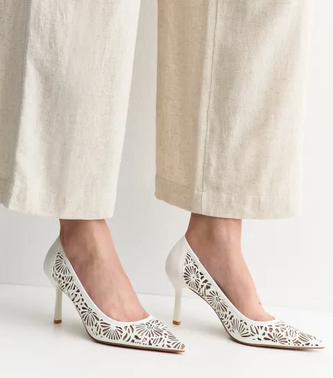 Women's White Faux Leather Laser Cut Out Court Shoes Vegan