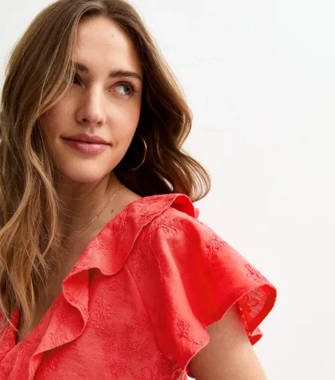 Women's Dark Coral Embroidered Floral Tea Top