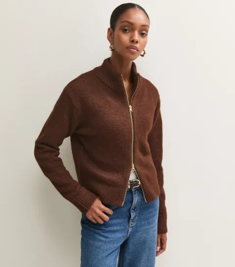 New Look Women's Dark Brown Zip Through Funnel Neck Cardigan
