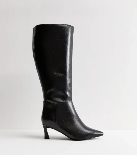 Women's Wide Fit Black Faux Leather Heeled Boots Vegan