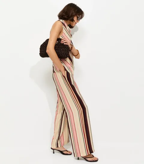 Women's Cream Striped Drawstring Wide Leg Trousers