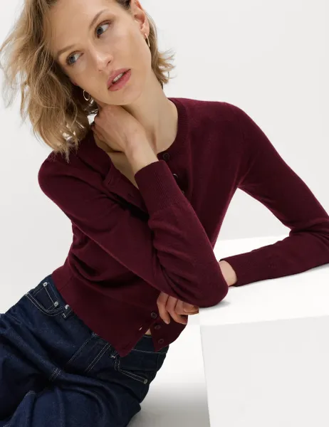 Marks & Spencer Air-Yarn Crew Neck Short Cardigan Dark Burgundy