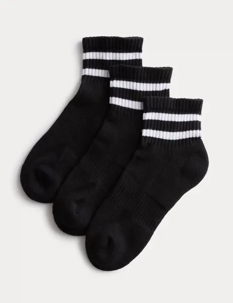 Goodmove 3 Pack Cotton Rich Striped Quarter Socks Black