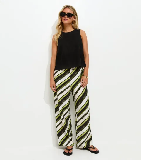 Women's Petite Green Diagonal Stripe Wide Leg Trousers