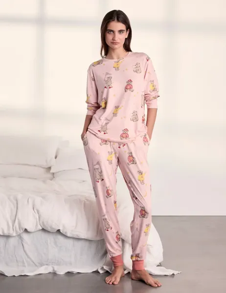 Chelsea Peers Bear Print Crew Neck Pyjama Set Light Pink