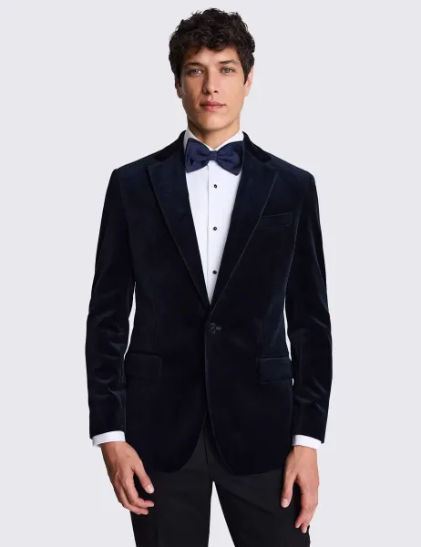 Moss Tailored Fit Pure Cotton Velvet Tuxedo Jacket Navy