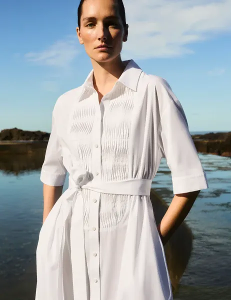 Jaeger Pure Cotton Belted Relaxed Midi Shirt Dress Ivory