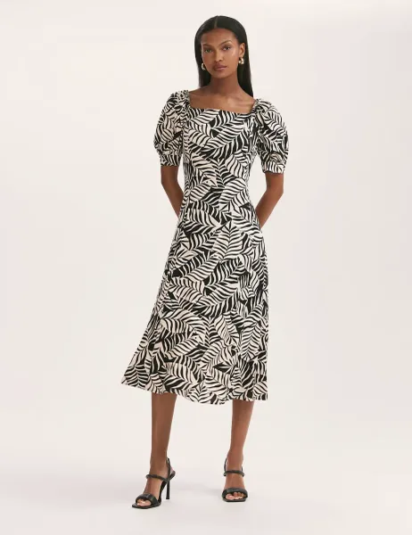 Finery London Leaf Print Square Neck Midi Tea Dress Black Mix