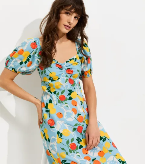 Women's Tall Blue Fruit Print Crepe Midi Dress
