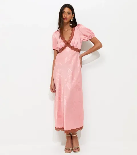 Women's Pink Satin Jacquard Lace Trimmed Midi Dress