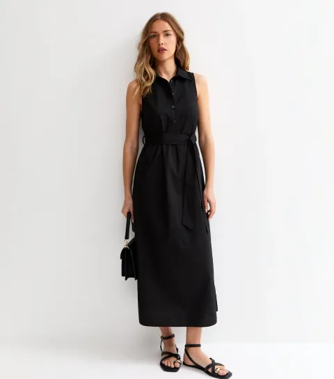 New Look Women's Khaki Sleeveless Button Up Midi Shirt Dress