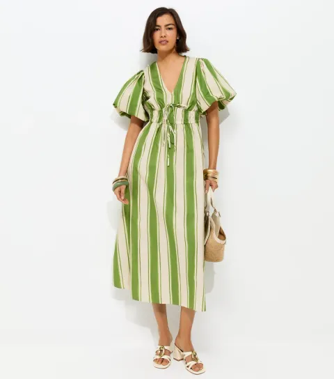 Women's Green Striped Puff Sleeve Midi Dress