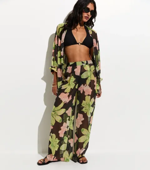 Women's Black Floral Print Semi-Sheer Beach Trousers
