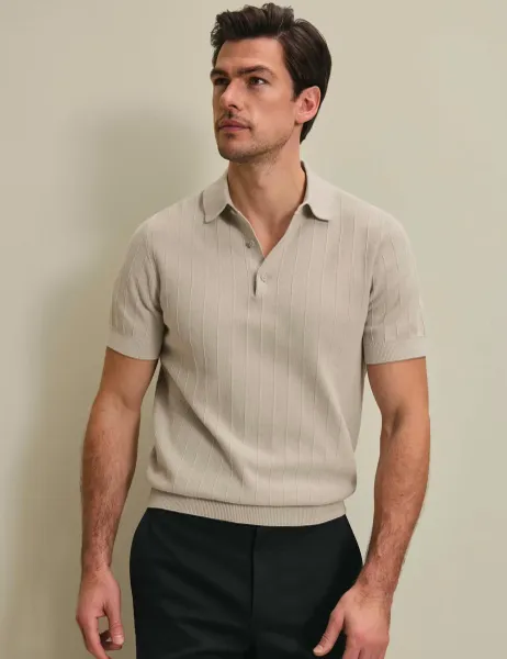 Charles Tyrwhitt Pure Cotton Textured Knitted Polo Shirt Stone