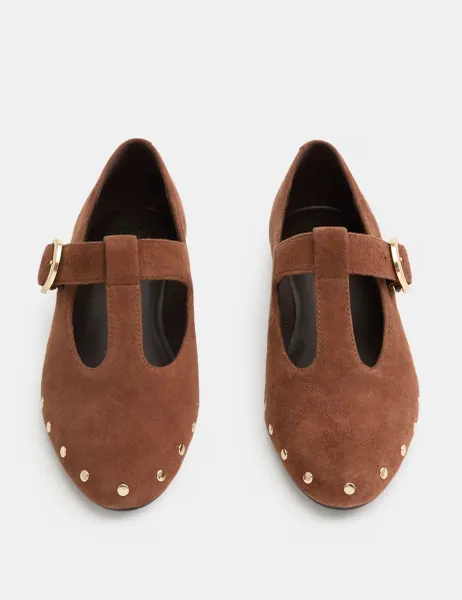 Marks & Spencer Suede Studded T-Bar Mary Jane Ballet Pumps Dark Tan