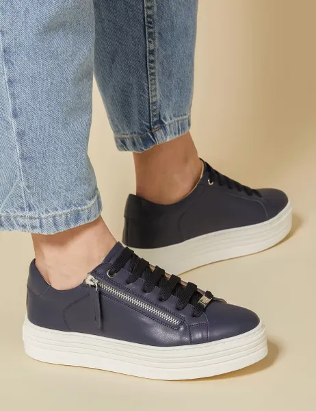 Jones Bootmaker Leather Lace Up Flatform Trainers Navy