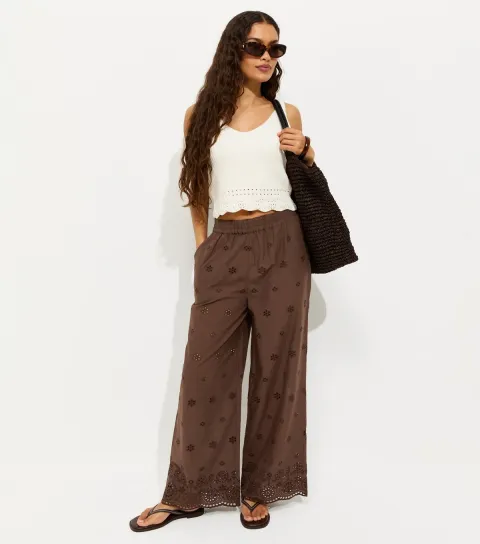 Women's Petite Dark Brown Broderie Embroidered Wide Leg Trousers