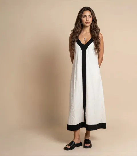 Women's Cream Contrast Trim Maxi Dress