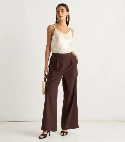 Women's Dark Brown Linen Mix Wide Leg Trousers