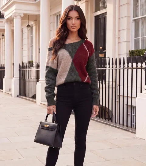 AX Paris Women's Grey Argyle Pattern Brushed Knit Jumper