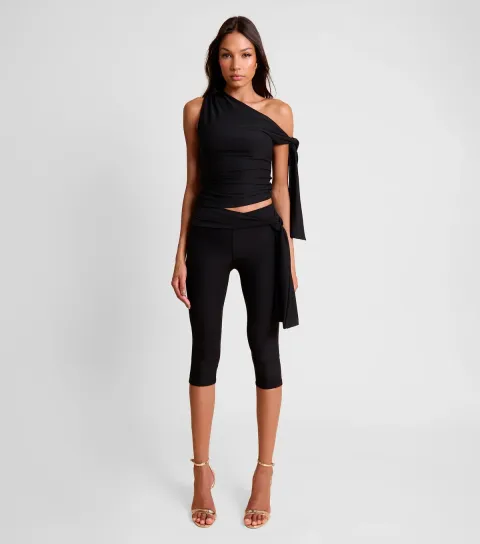 Women's Black Knot Detail Asymmetric Slinky Top